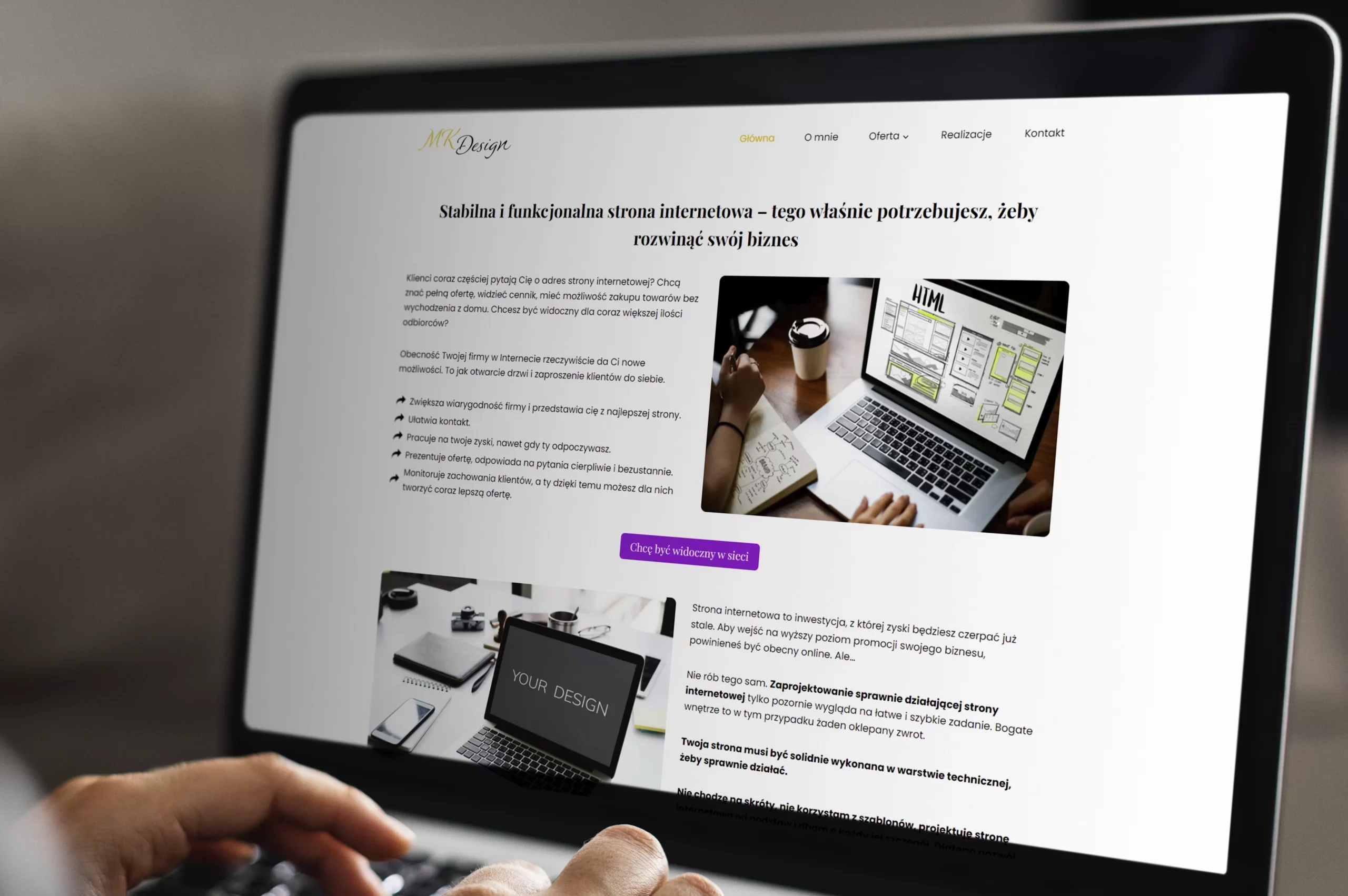 Ekran laptopa a na nim strona internetowa projektantki stron www - MK Design